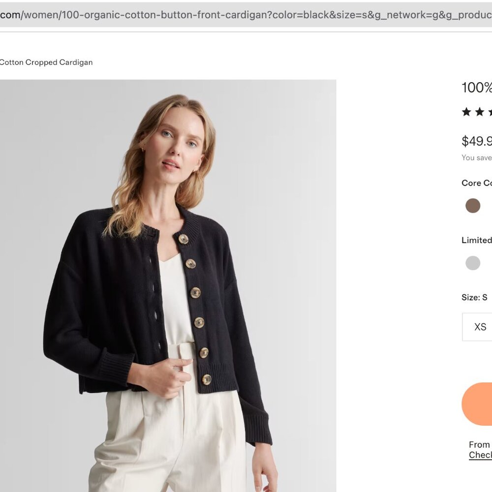 Quince 100% Organic Cotton Cropped Cardigan Sm Navy